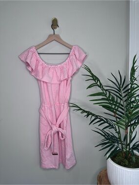 Michael Kors Coral Striped Off-Shoulder Ruffle Dress